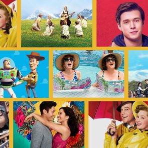 Collage of scenes with people and animated characters in vibrant settings, including a musical, poolside relaxation, romantic couple, and toys against colorful backdrops.