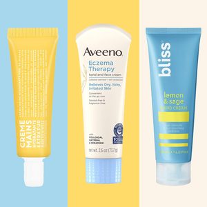 Three hand cream tubes are displayed vertically against a color-blocked background: yellow, white, and blue.