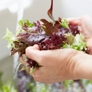 Hands rinse mixed leafy greens under running water in a kitchen sink.