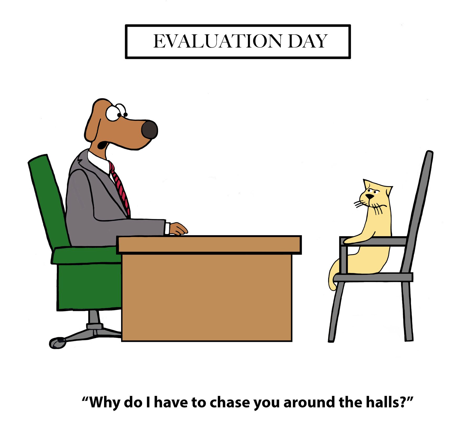 Dog in a suit evaluates a cat seated opposite, in an office. Sign reads "EVALUATION DAY." Speech bubble: â€œWhy do I have to chase you around the halls?â€