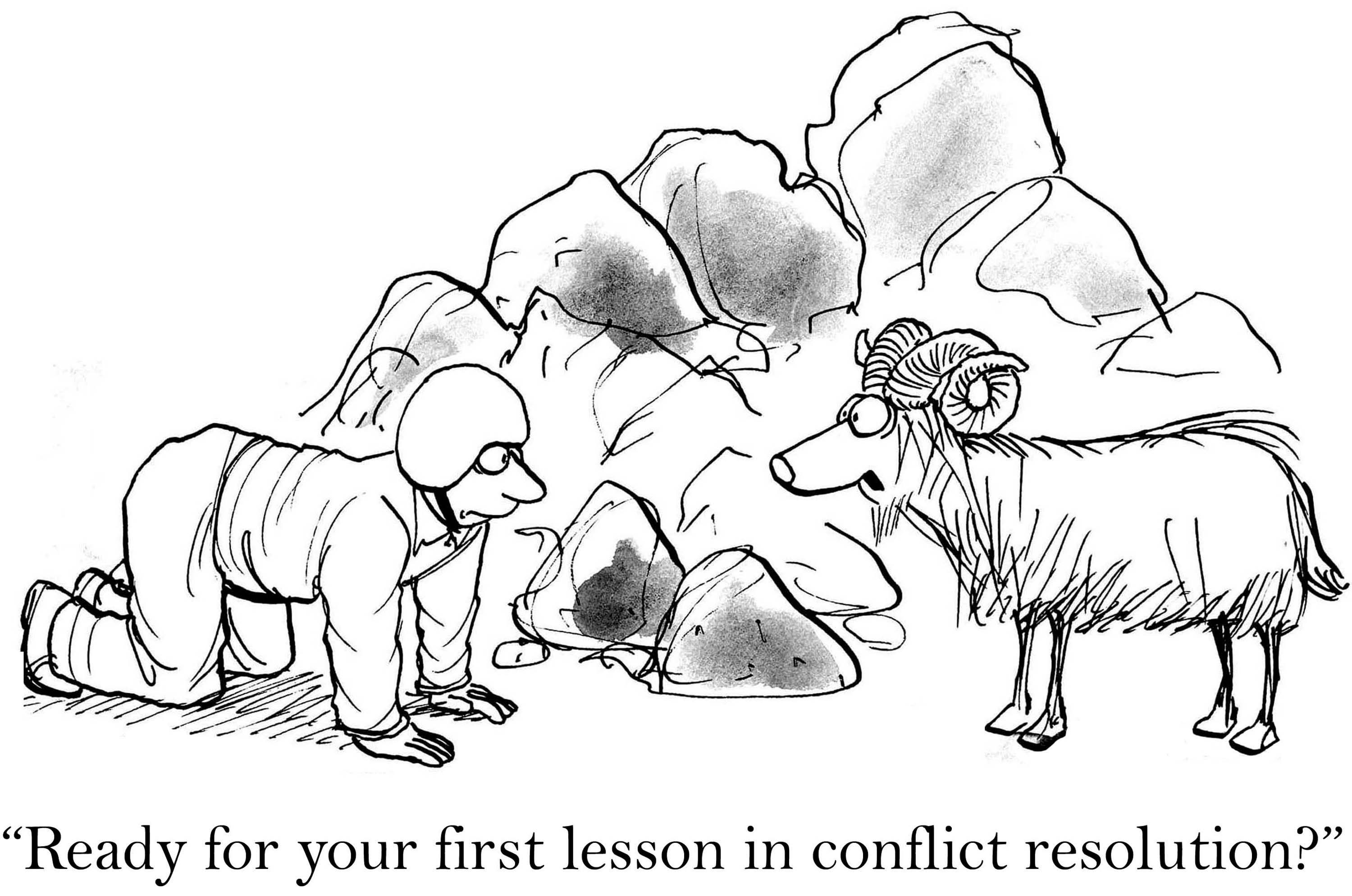 A person crawls towards a ram among rocks. Text reads, â€œReady for your first lesson in conflict resolution?â€