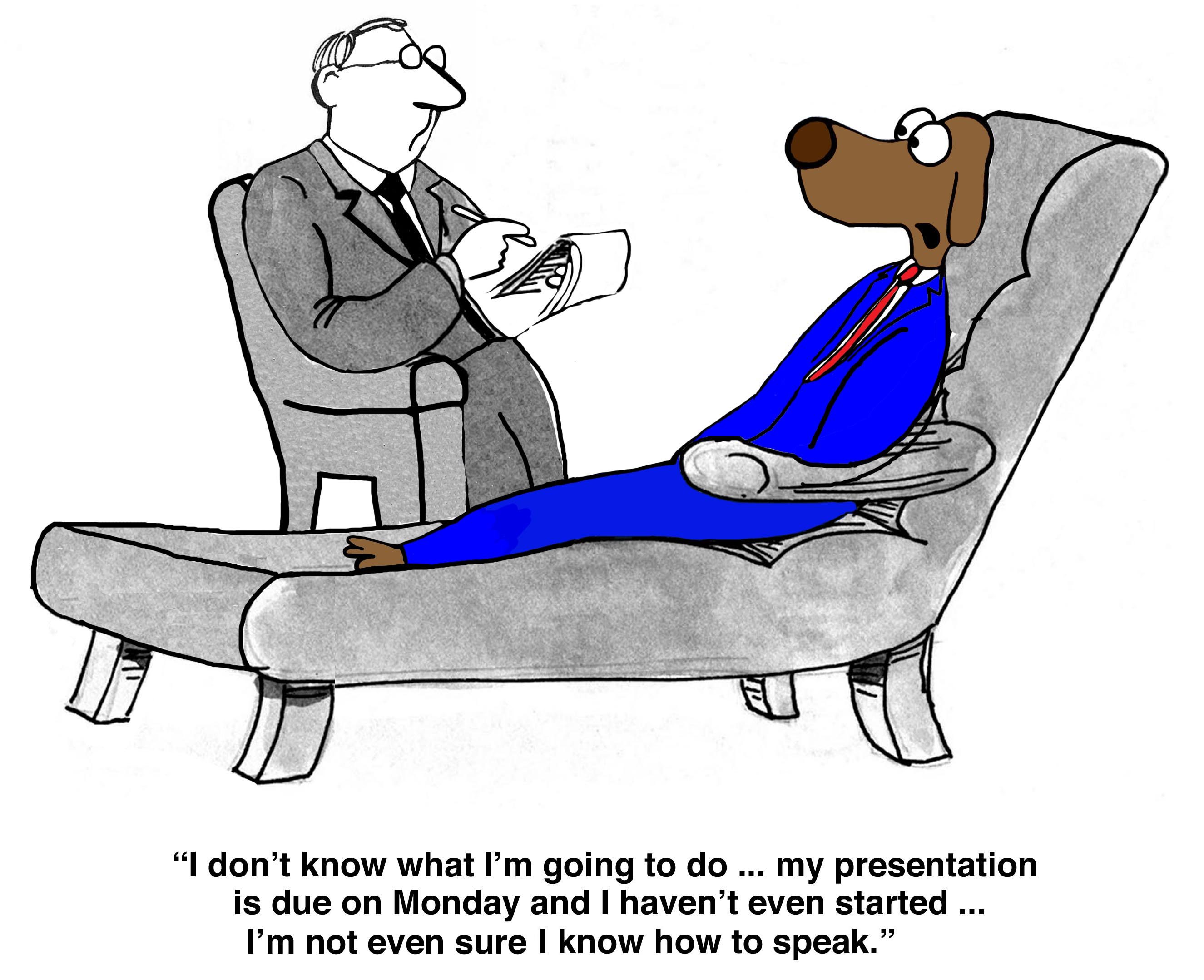 A dog in a suit lies on a therapist's couch, speaking. The therapist listens and takes notes in an office setting. Text expresses presentation anxiety.
