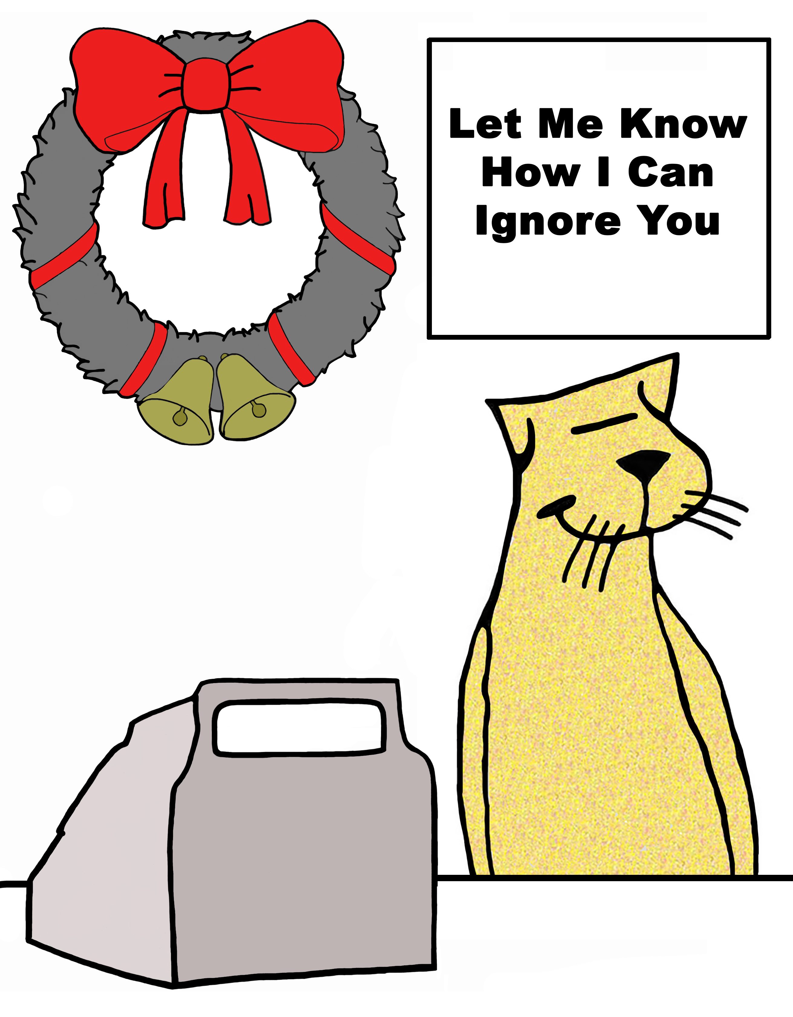 Cat smiles beside a box; a wreath with a red bow hangs above. Text reads, "Let Me Know How I Can Ignore You."