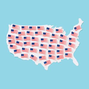 Map silhouette displays multiple small American flags, set against a solid light blue background.