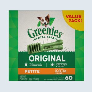 Greenies dental treat packaging shows a dog with treat, labeled for petite dogs (15-25 lbs). Text highlights dental benefits and includes 