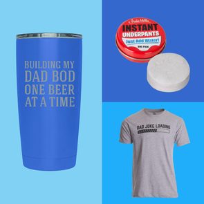 Blue tumbler displays text, red tin labeled 