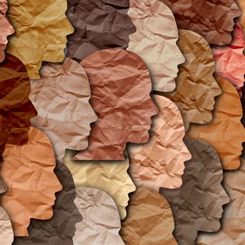 Silhouetted paper faces overlap, facing right, in various skin tones, creating a textured collage with a crumpled paper appearance.