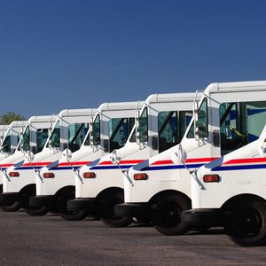 White postal trucks align neatly in a row, parked in a lot under a clear blue sky.