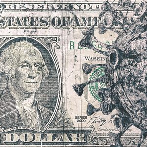 A dollar bill, partially obscured by a large virus illustration, visually suggests an economic impact theme.
