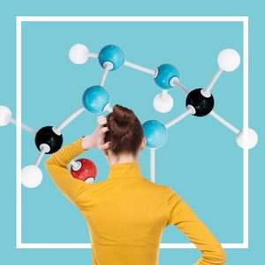 Person in yellow sweater observes molecular model, scratching head, set against a blue background with a white outline.