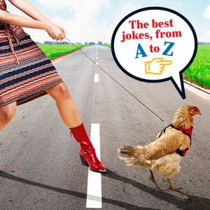 Person pulling leashed chicken across rural road, wearing red boots, with speech bubble: 