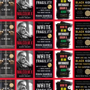 Books arranged in a grid, featuring titles on racial topics. Covers include 