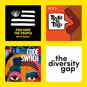 Four colorful podcast logos are displayed: 