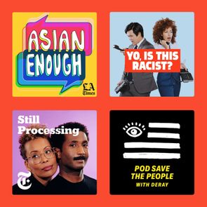 Four podcast cover images each featuring titles: 
