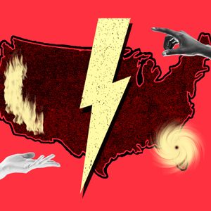 Map of the United States, split by yellow lightning bolt; left shows fire, right depicts hurricane. Two hands interact below and above.