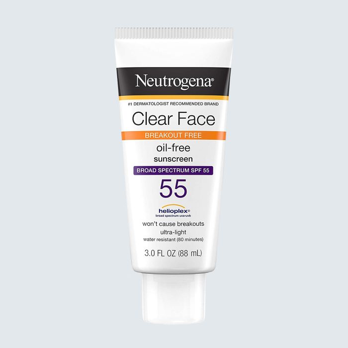 Tube displays Neutrogena Clear Face oil-free sunscreen, SPF 55, promising not to cause breakouts. Plain background; 3.0 FL OZ (88 mL) container.