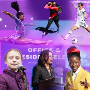 Athletes and public figures in action against a purple background; includes leaping, hitting, kicking, speaking. Text: 