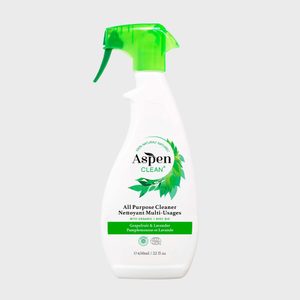 Spray bottle contains Aspen Clean all-purpose cleaner, featuring green leaves on label; set against a plain background.