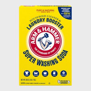 Box shows Arm & Hammer logo on yellow background, promoting 