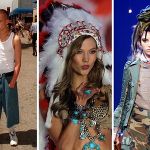 A person drinks from a can on a busy street; another wears a feathered headdress; the third models in dreadlocks and eclectic clothing.