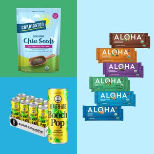 Chia seed pack sits on a green background; energy bars and lemon-lime soda cans arranged on a bright blue background.