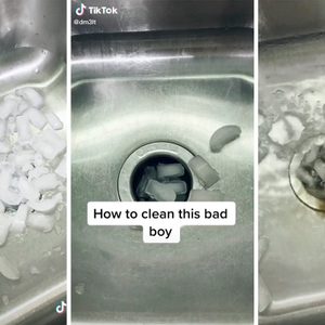 Ice cubes are placed in a metal sink drain. Text reads, 