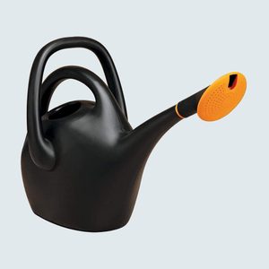 A black watering can features a curved spout and dual handles, set against a plain light background.