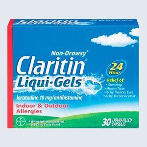 Box displays Claritin Liqui-Gels, a non-drowsy antihistamine for allergy relief, with blue sky and grass background. Contains 30 liquid-filled capsules.