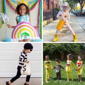 1. Child wears rainbow costume indoors, smiling.2. Child dressed as beekeeper, standing on sidewalk.3. Child in black and white stripes runs with money bag. . Children in emoji costumes hold hands on grass.