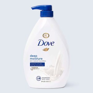 A white bottle with a blue pump dispenses body wash in a minimalist, clean setting. Text reads: 