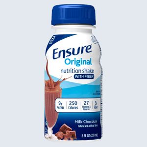 A bottle displays the Ensure Original nutrition shake with fiber, featuring milk chocolate flavor, providing 9g protein, 250 calories, 27 vitamins, and 3g fiber.