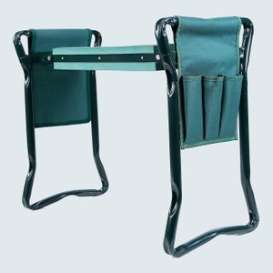 A green garden kneeler with metal handles stands upright, featuring storage pockets, displayed against a plain background.