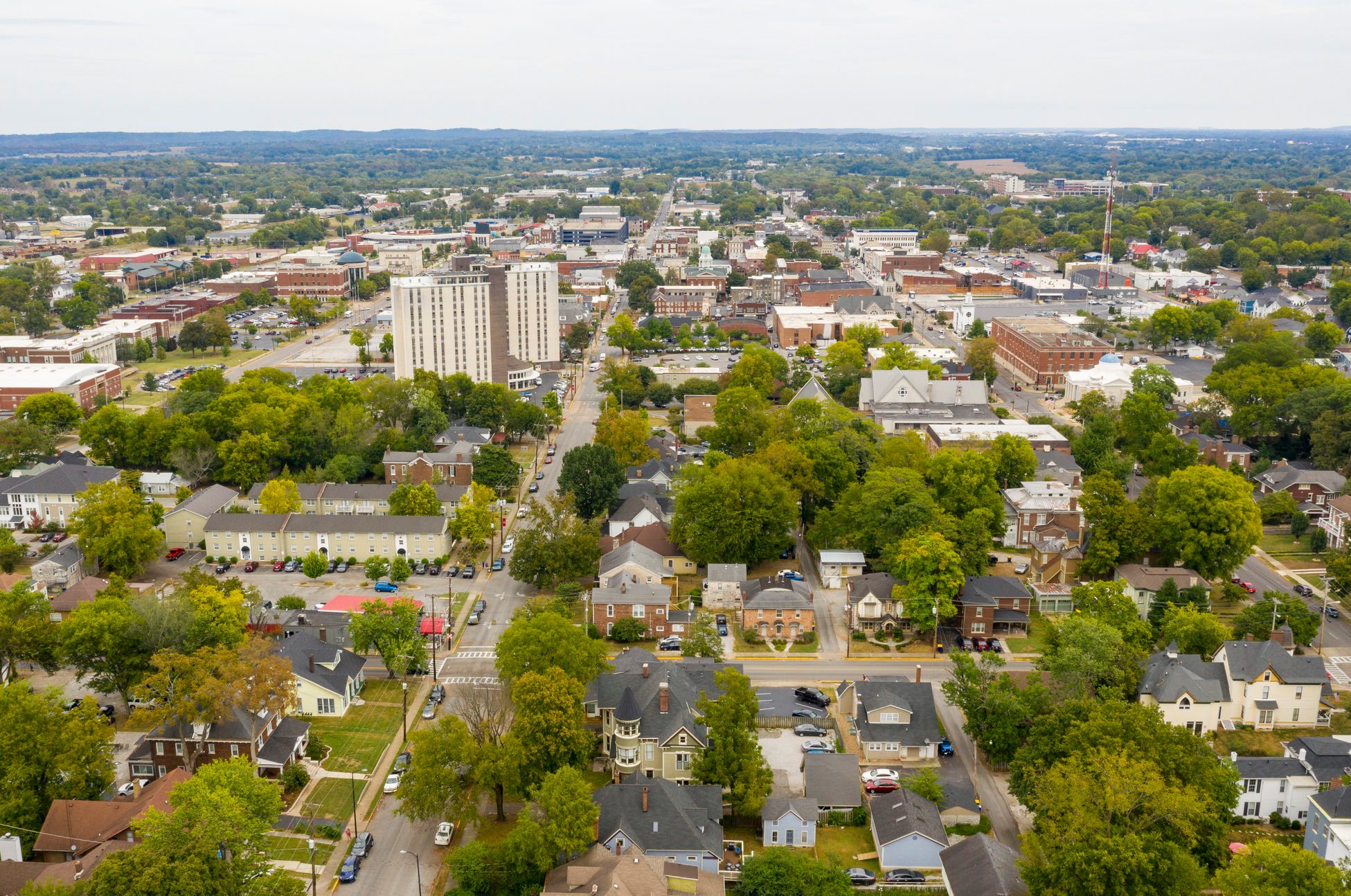 Overcast Day Aerial View over the Urban Downtown Area of Bowling Green Kentucky