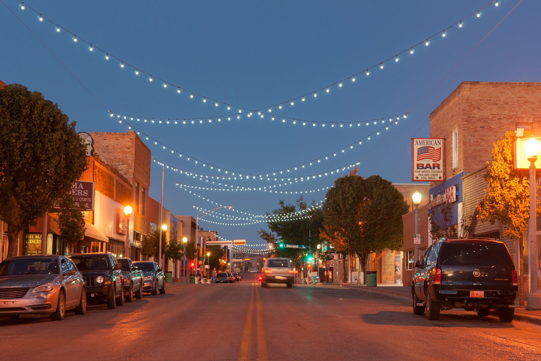 Street scne with decorative lighing Gallup New Mexico Route 66.