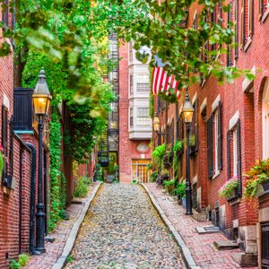 Cobblestone street lined with red brick buildings, adorned with hanging plants and lit by vintage lampposts. American flag hangs above, lush greenery surrounds.