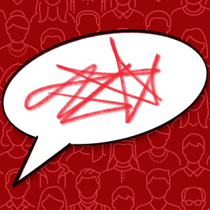 Speech bubble contains red scribbles against a red background with outlined faces.