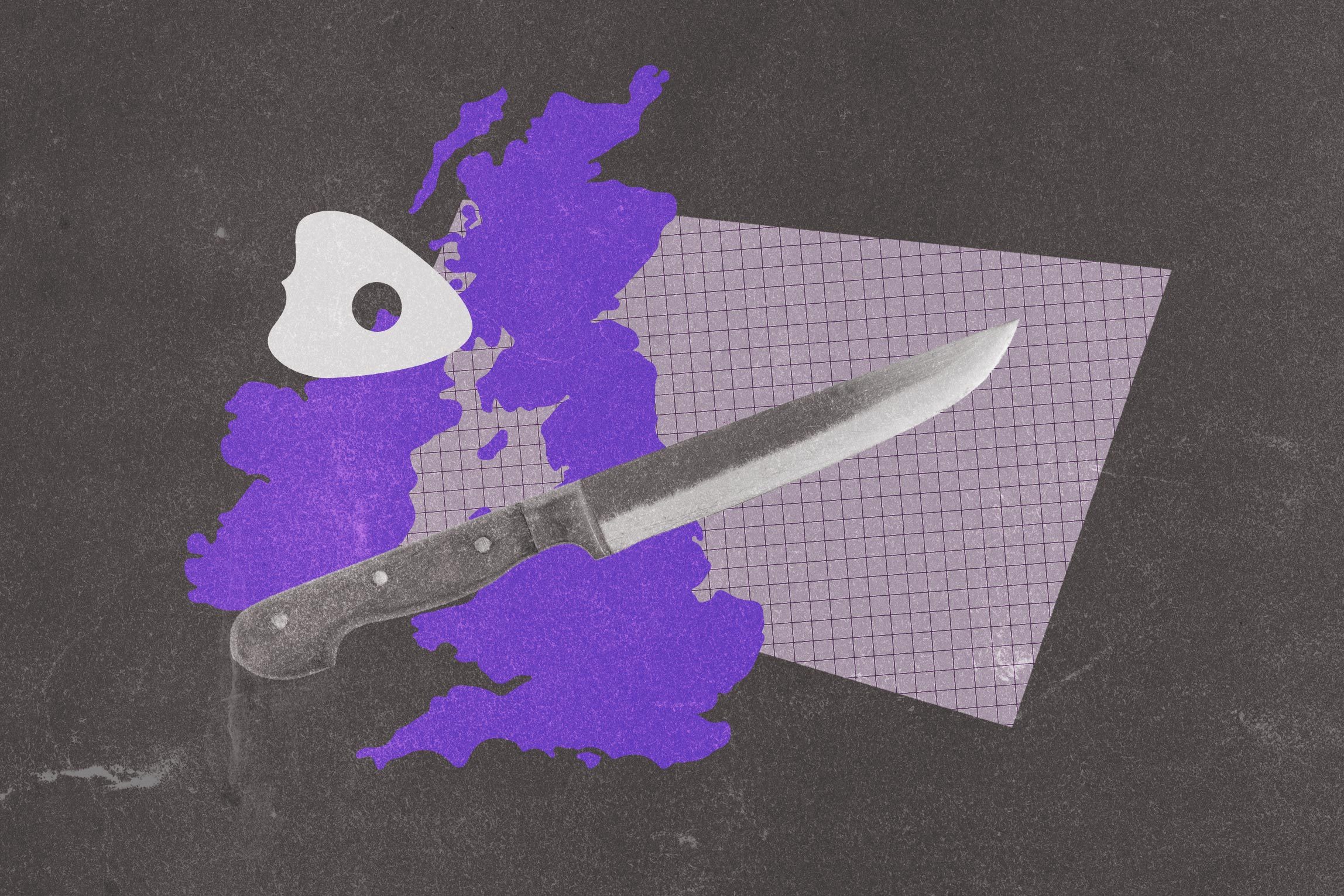 Outline of United Kingdom overlaid with knife and planchette from Ouija board