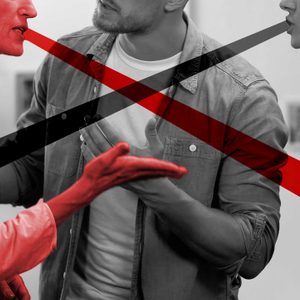 Three people argue intensely, their expressions stern, with red and black diagonal lines crossing the image, symbolizing tension or conflict in a neutral setting.