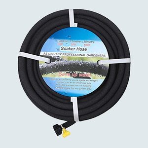 Coiled black soaker hose rests on a light background. Labels read 