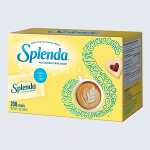 Yellow Splenda box displays sugar packets, cappuccino, and cookie, with swirling text: 