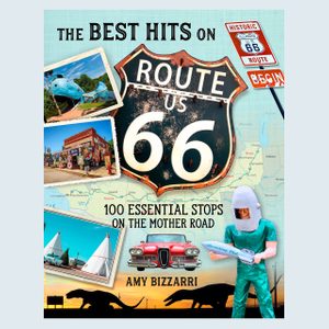 Route 66 sign displayed with photos of attractions; includes a blue whale, classic car, and miniature statue, set against a map background.
