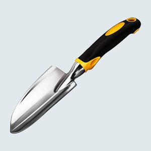 Trowel with a polished metal blade and black-yellow ergonomic handle, positioned against a plain light background.