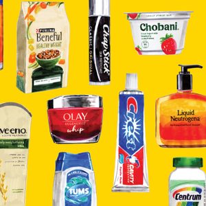 Various branded toiletries and food items are arranged against a bright yellow background, including Clorox wipes, ChapStick, Chobani yogurt, and Olay cream.