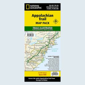 Map pack cover displays Appalachian Trail route from Georgia to Maine, featuring highlighted sections and map guide details for various states.