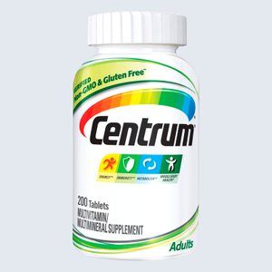 A white bottle displays â€œCentrumâ€ with color bands, icons, and text promoting energy, immunity, metabolism, and whole body health. Contains 200 tablets, multivitamin supplement.