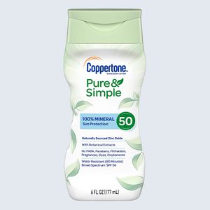 Bottle features sunscreen branding, emphasizing 100% mineral SPF 50 protection, botanical extracts, water resistance, and absence of harmful chemicals, with leaf patterns in background.