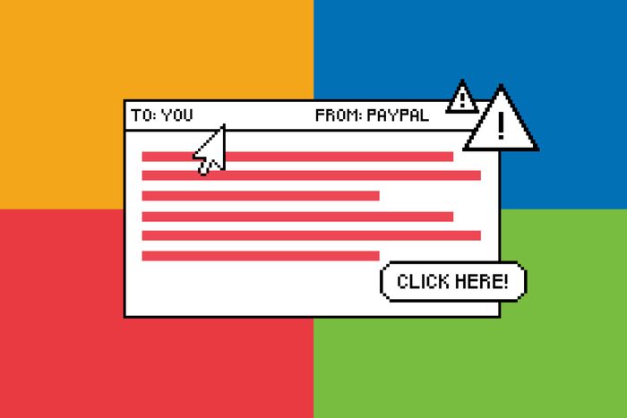 Email window displays cursor pointing; contains text "TO: YOU, FROM: PAYPAL" and "CLICK HERE!" in colorful geometric background, with warning icons.