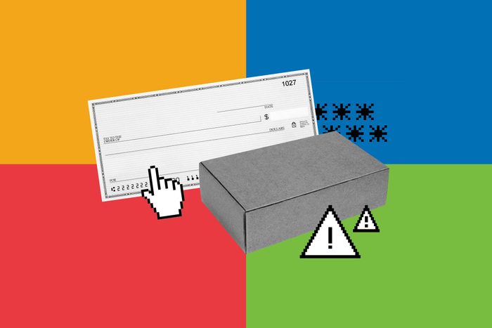 A check image with a cursor pointing, adjacent to a gray box with pixelated warning triangles, on a colorful background.