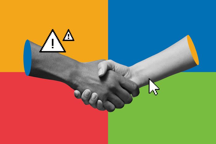 Two hands shake, surrounded by digital cursor and alert icons, against a colorful, divided background of red, blue, green, and yellow sections.