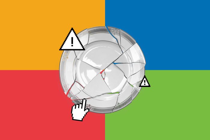 Broken plate lies fragmented, surrounded by colorful quadrants. Pixelated cursor and warning icons appear, emphasizing a digital or cautionary theme.